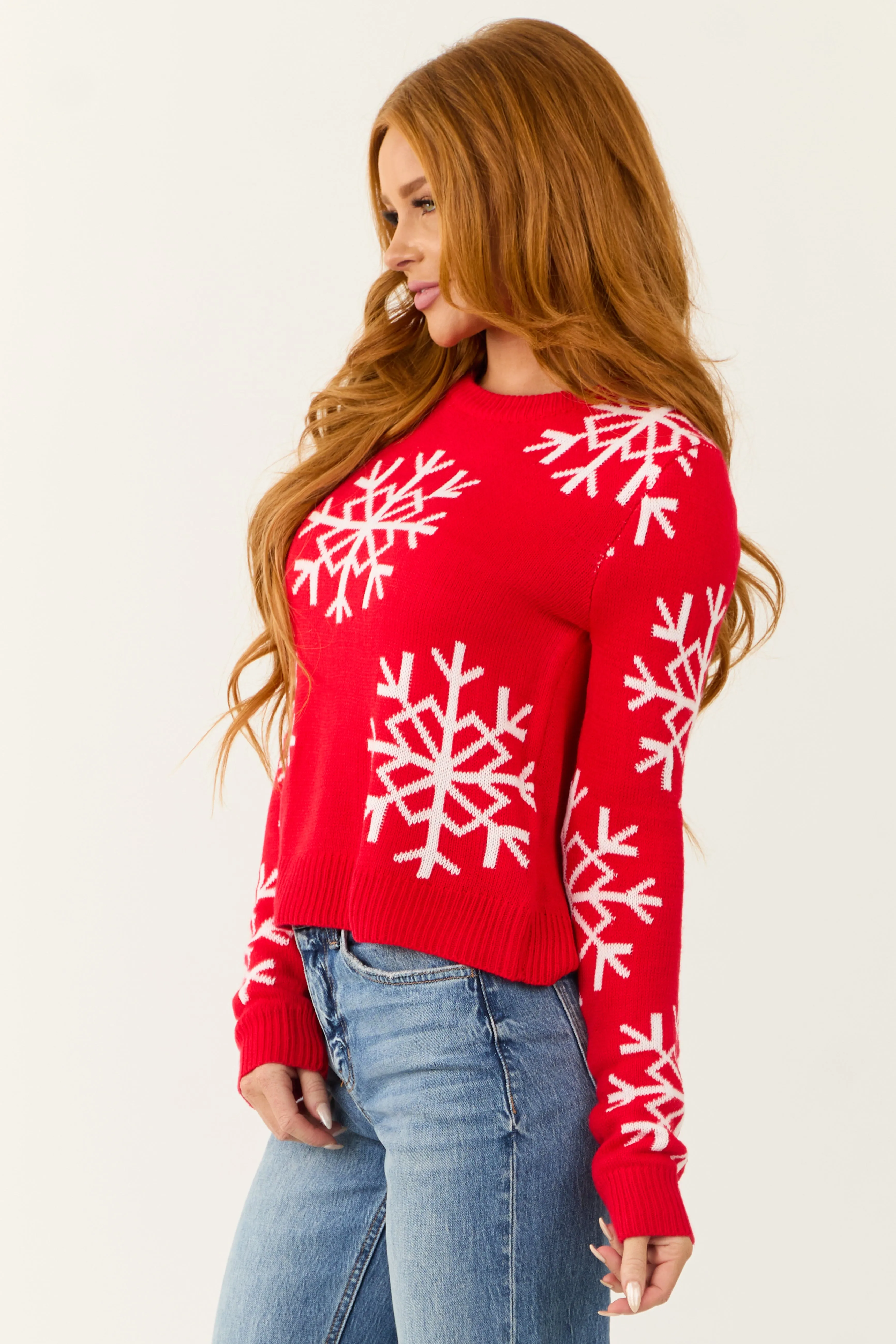 Bright Scarlet Long Sleeve Snowflake Sweater