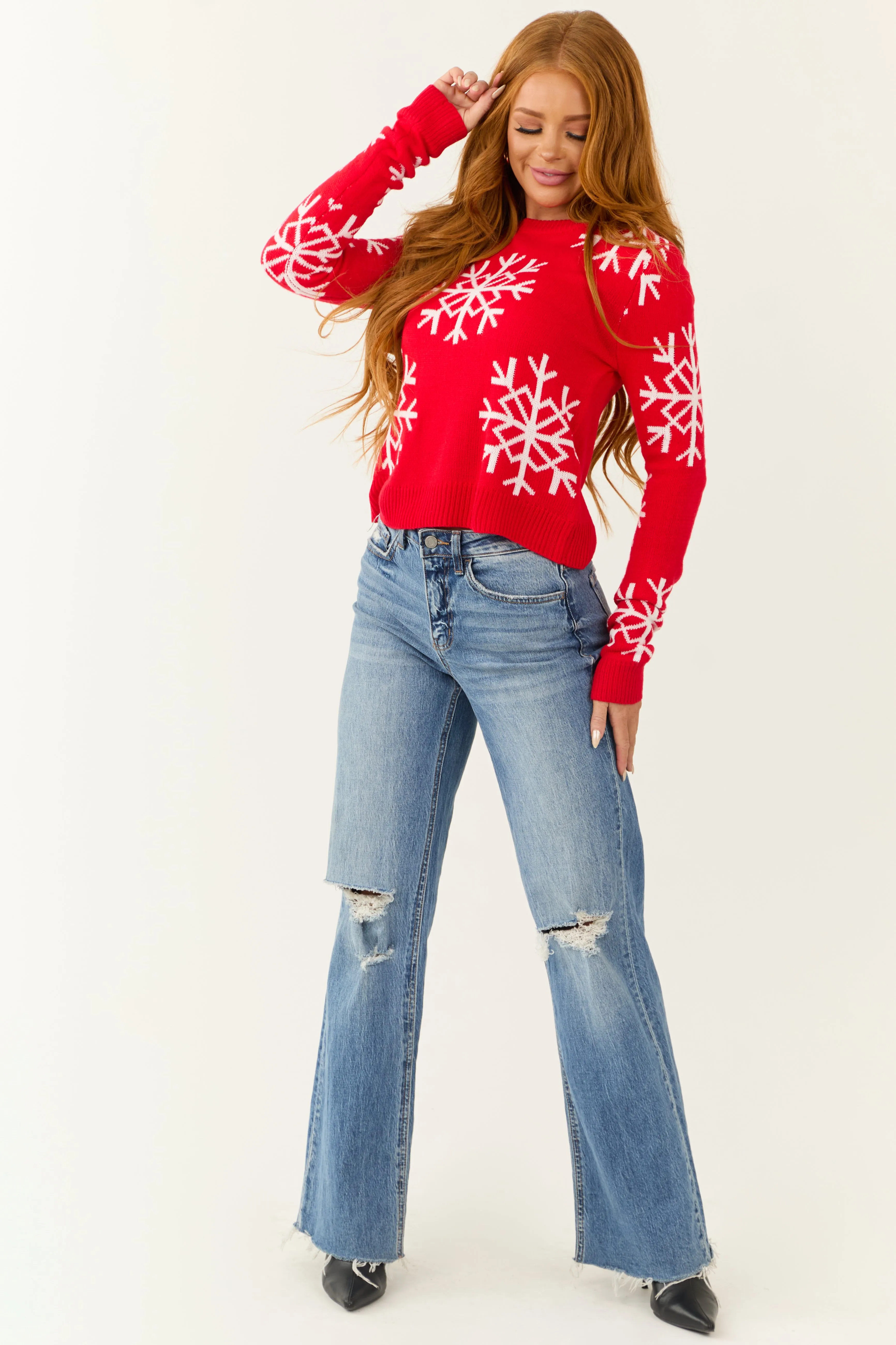 Bright Scarlet Long Sleeve Snowflake Sweater