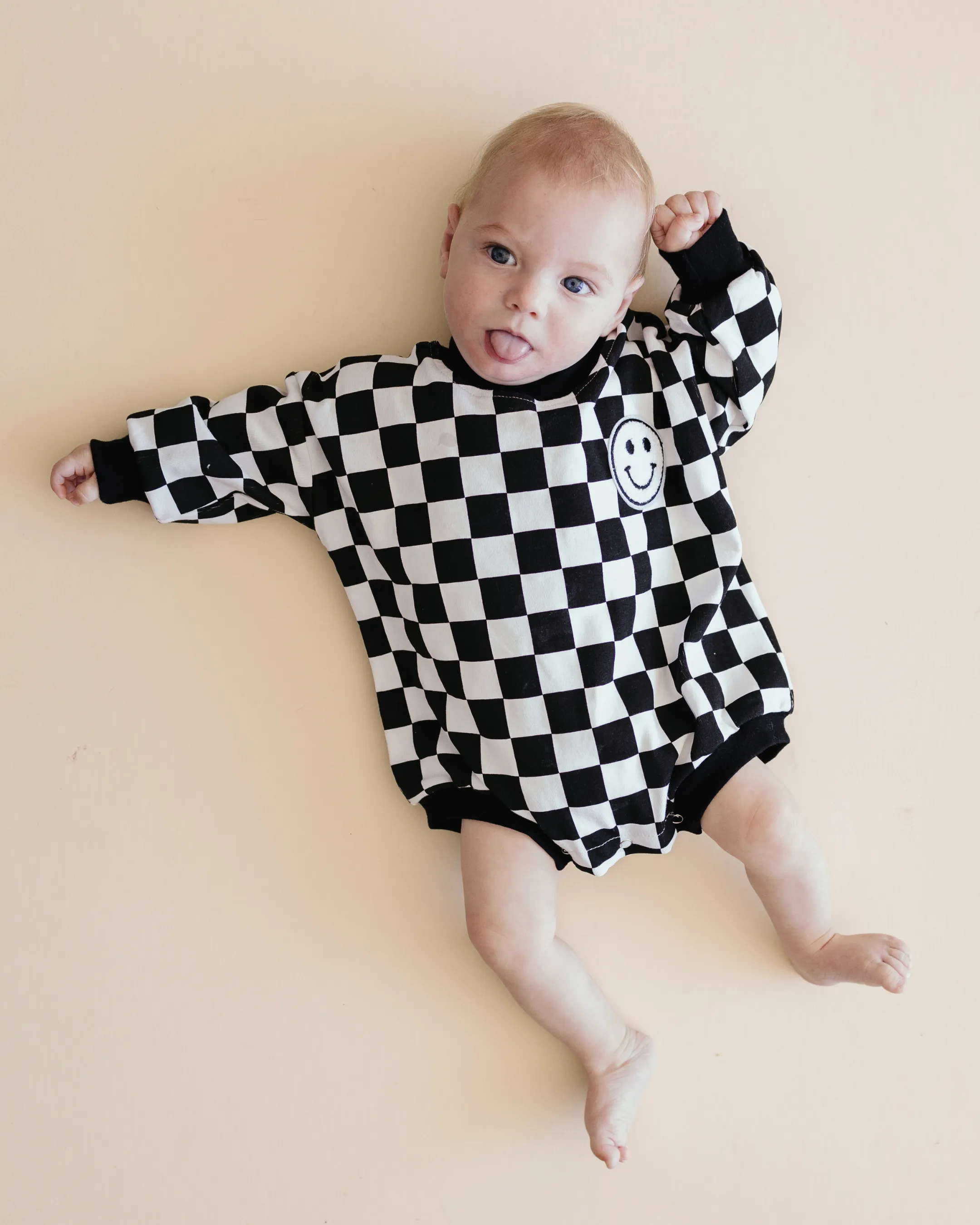 Bubble Romper | Checkered Smiley Black