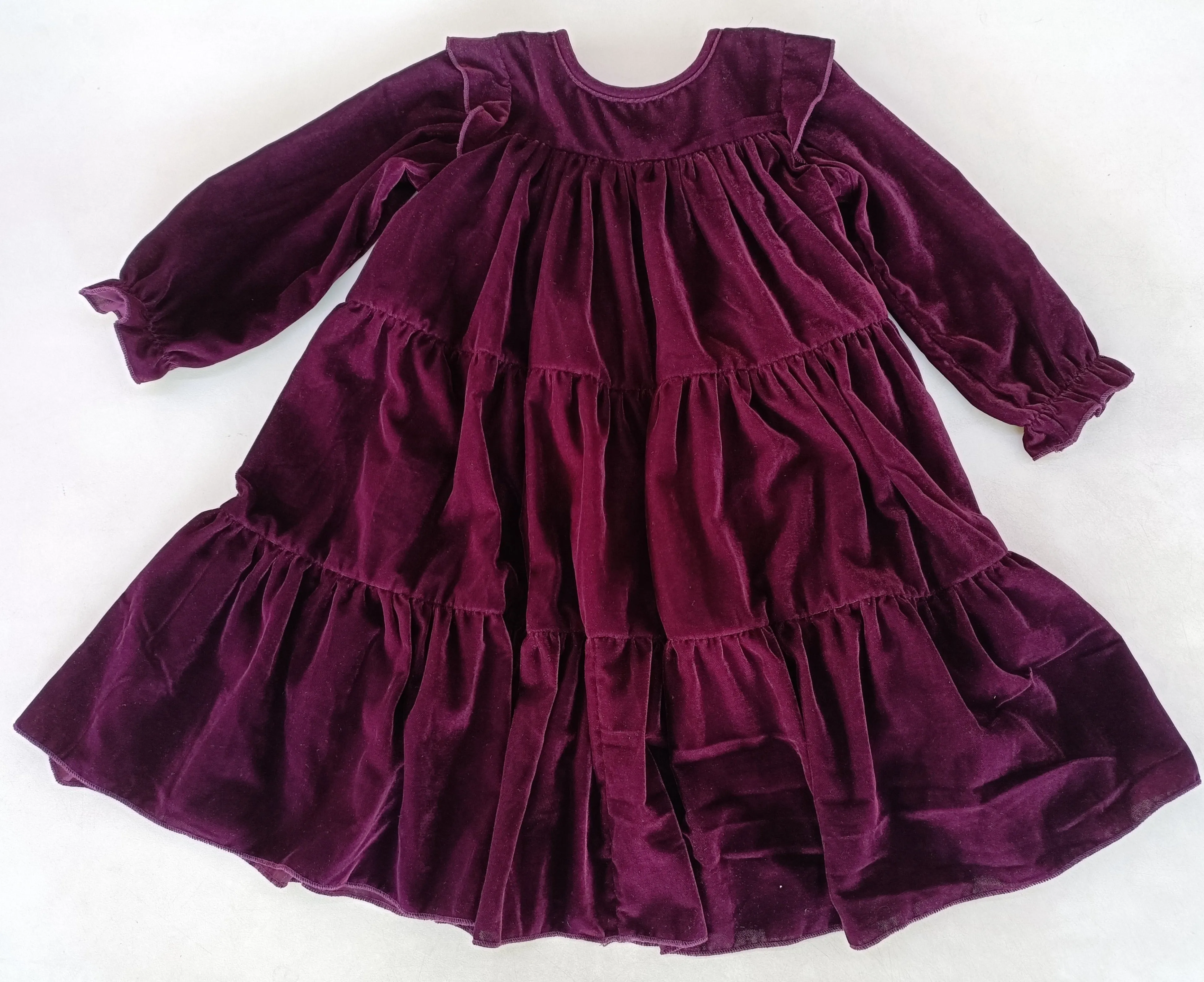 Burgundy Solid Tiered Long Sleeve Dress