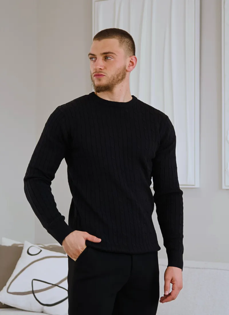 Cable Knit Wool-Cashmere Sweater - Black