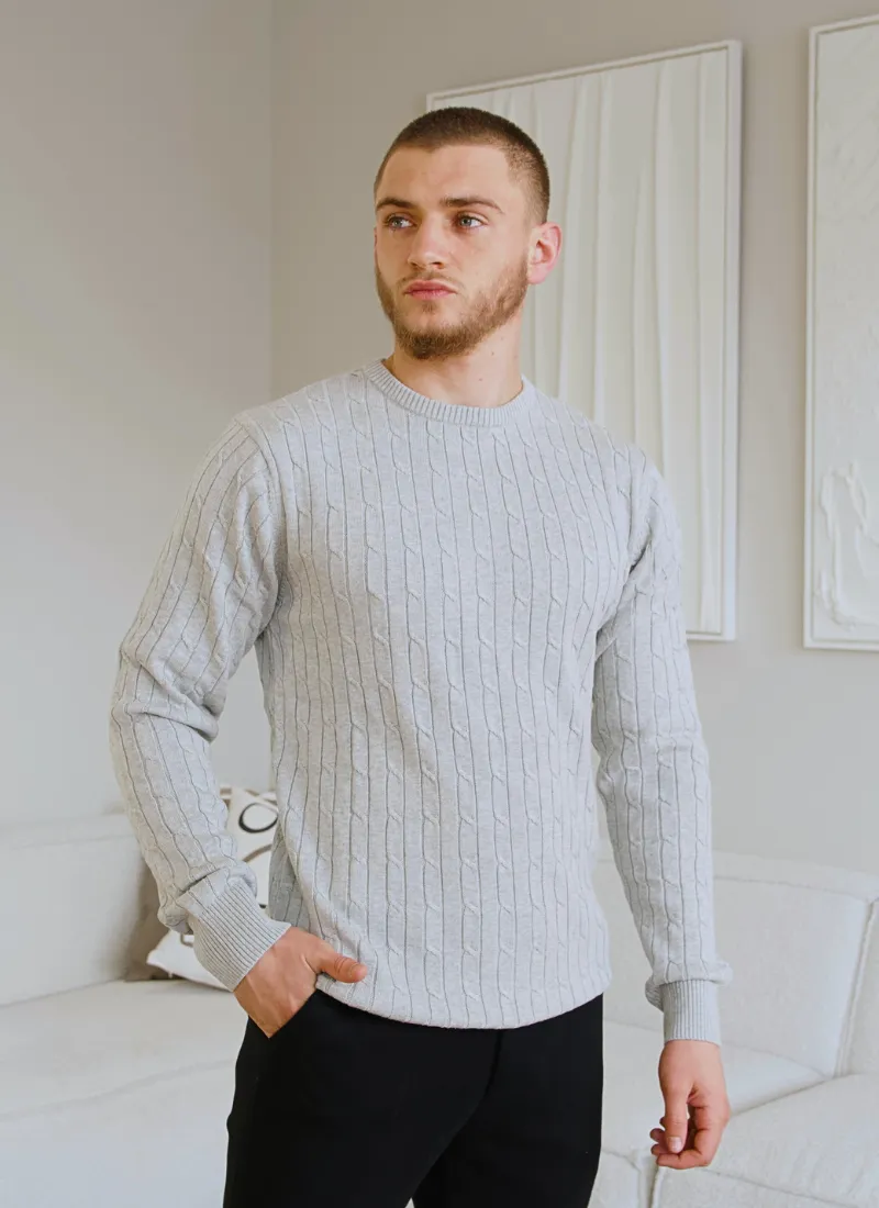 Cable Knit Wool-Cashmere Sweater - Grey