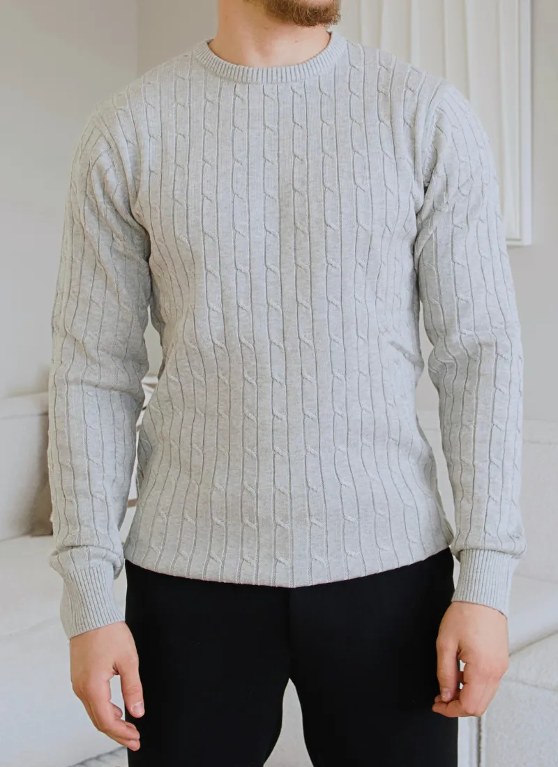 Cable Knit Wool-Cashmere Sweater - Grey