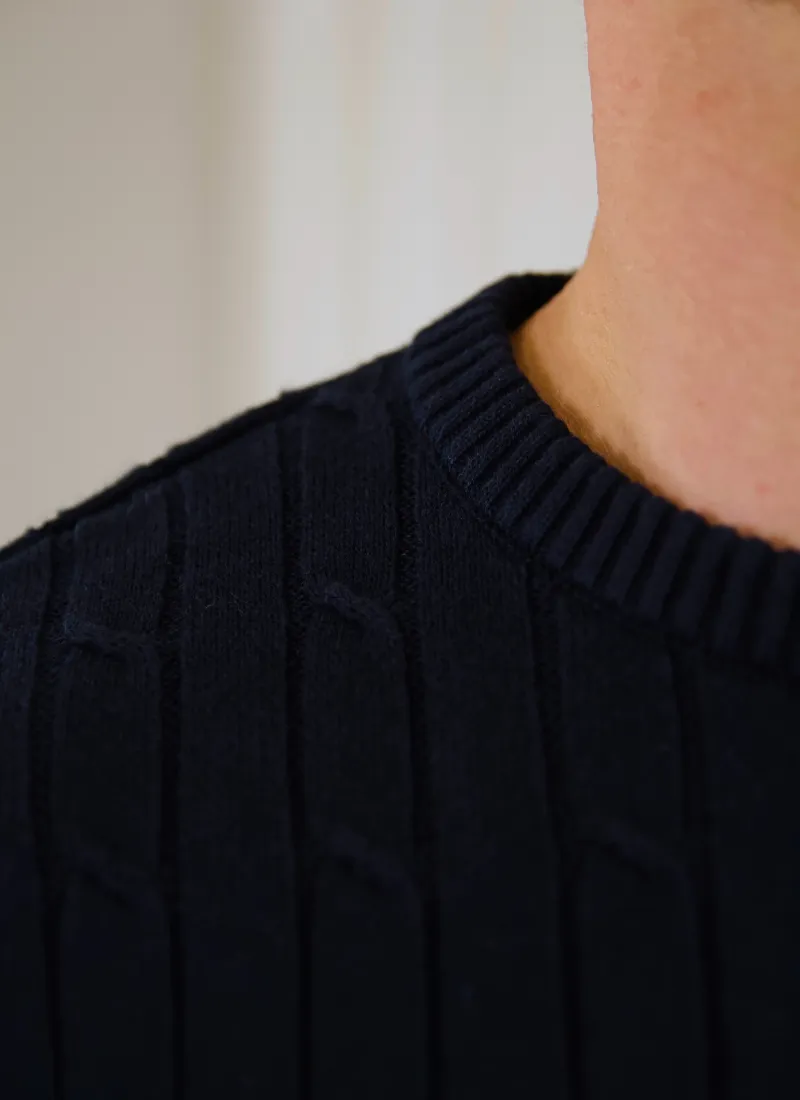 Cable Knit Wool-Cashmere Sweater - Navy