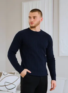 Cable Knit Wool-Cashmere Sweater - Navy