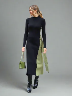 Caitlin Colourblock FIt & Flare Knitted Dress in Khaki and Black