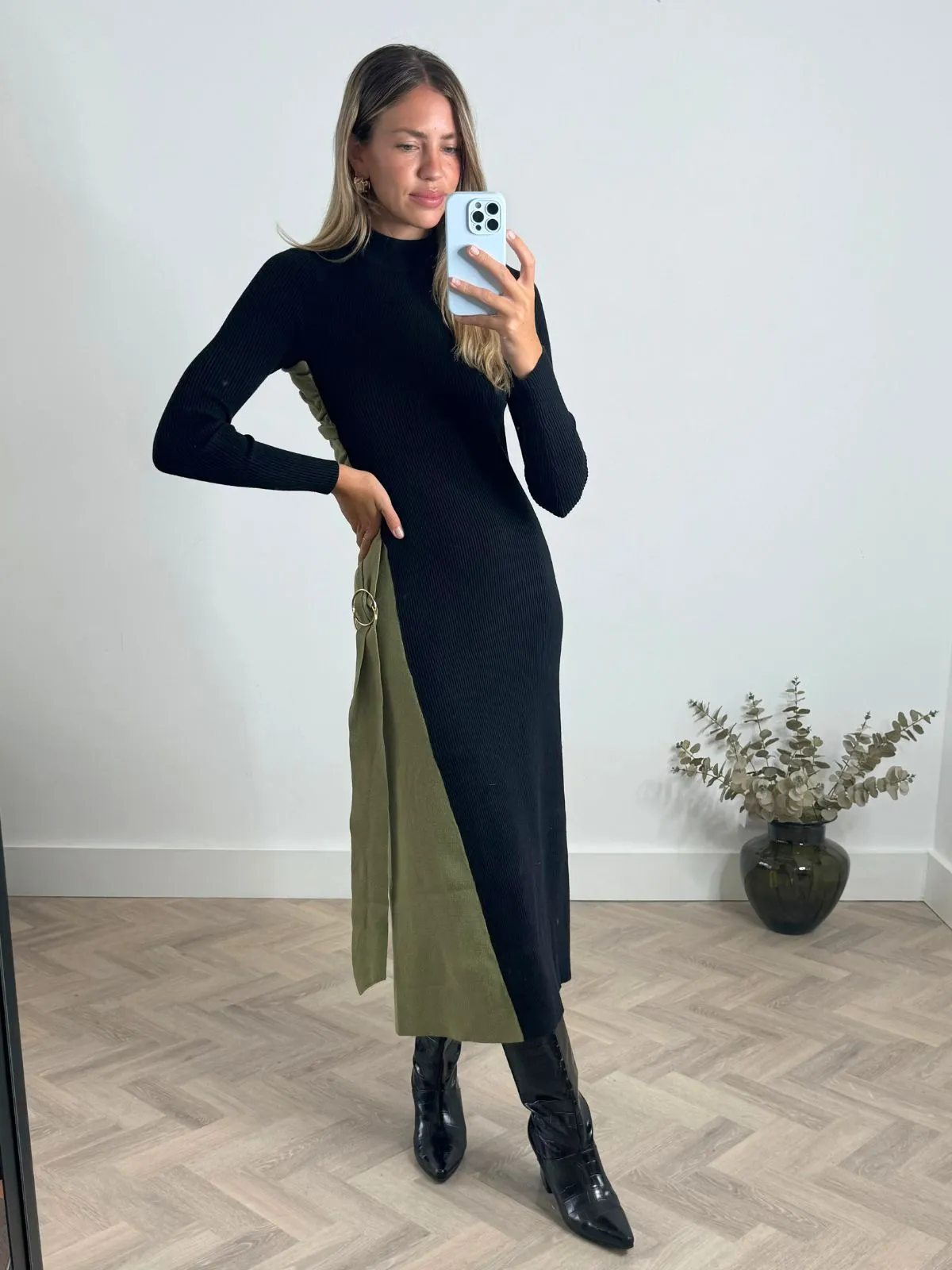 Caitlin Colourblock FIt & Flare Knitted Dress in Khaki and Black