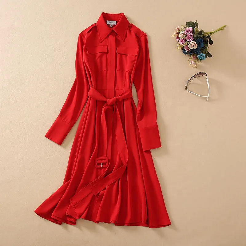 Casual Long-sleeved Solid Red Dress