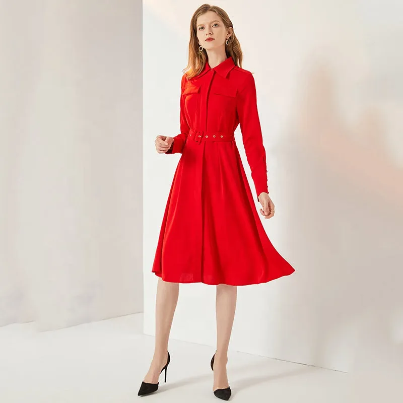 Casual Long-sleeved Solid Red Dress