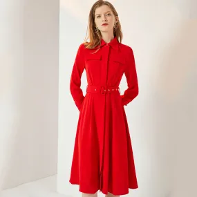 Casual Long-sleeved Solid Red Dress