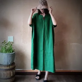 Casual Vintage Green Linen Summer Dress with V-Neck Collar