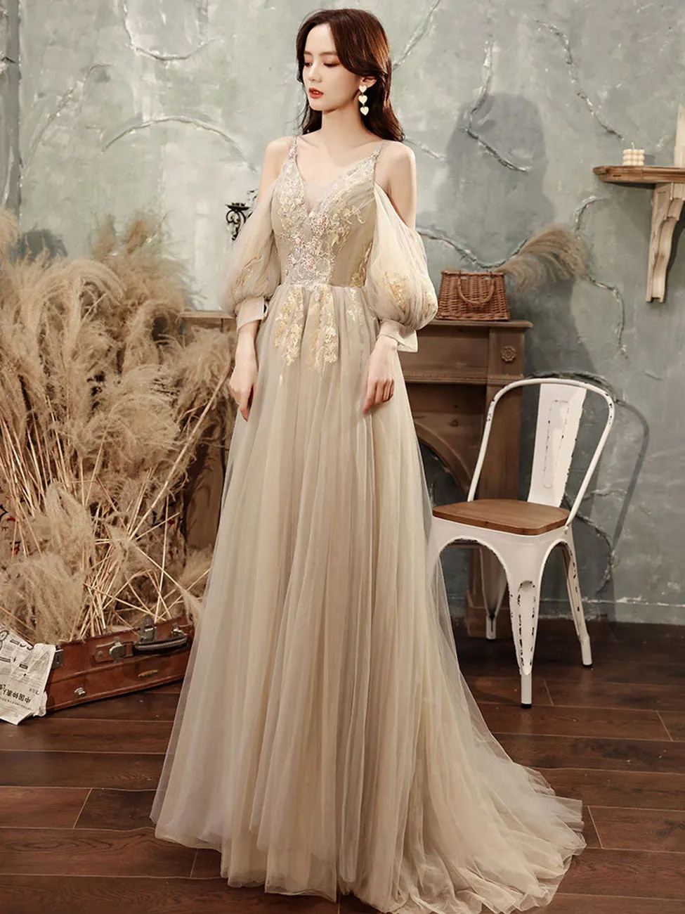 Champagne Tulle Lace Long Prom Dress, Champagne Formal Dresses