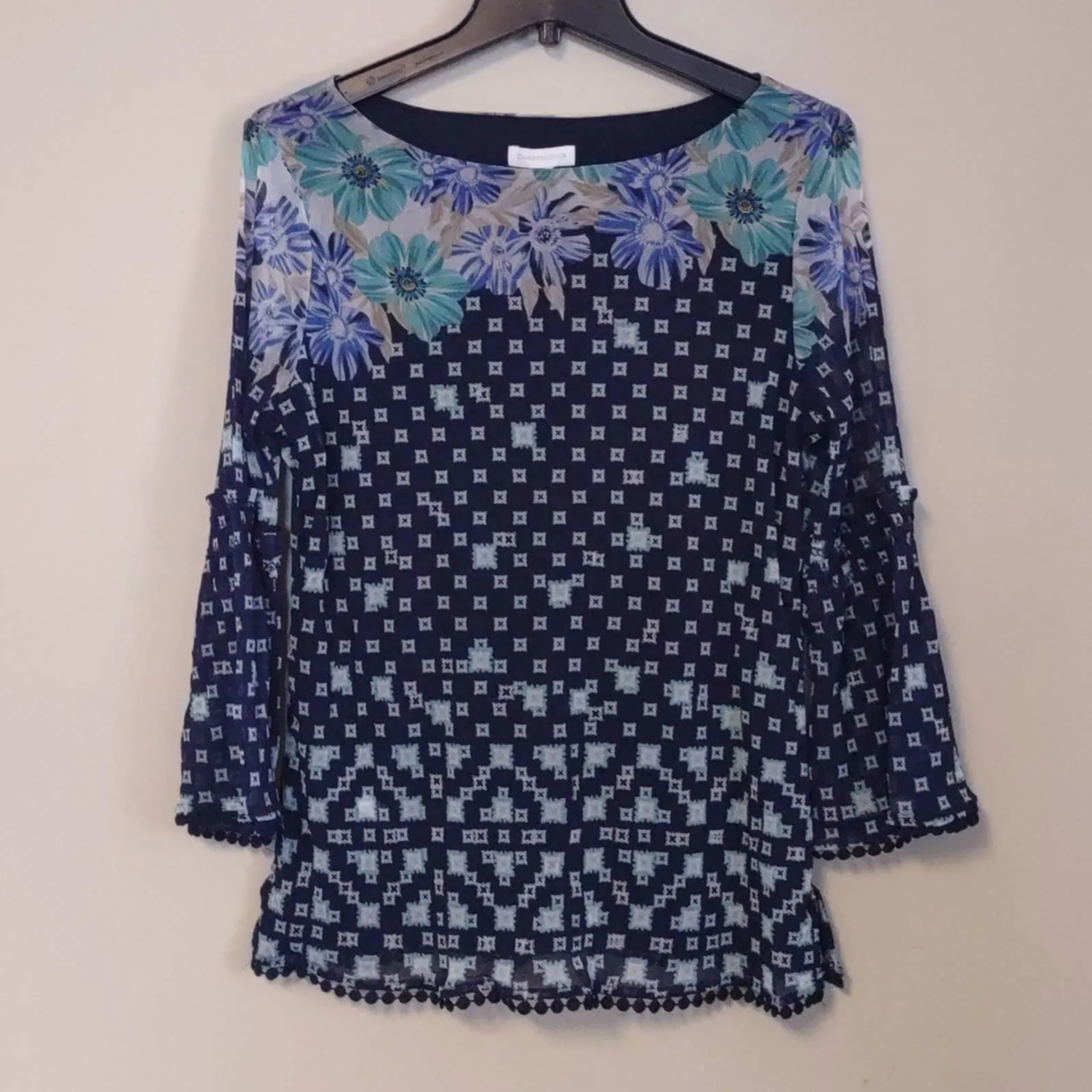 Charter Club Printed Knit Mesh Top Blue Medium