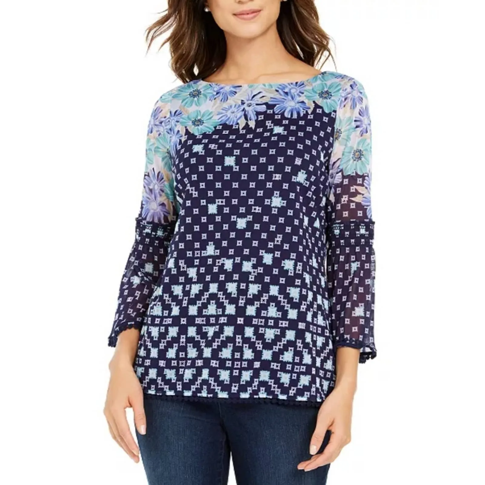 Charter Club Printed Knit Mesh Top Blue Medium