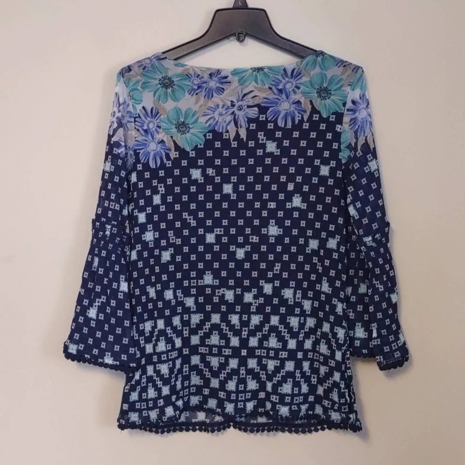 Charter Club Printed Knit Mesh Top Blue Medium