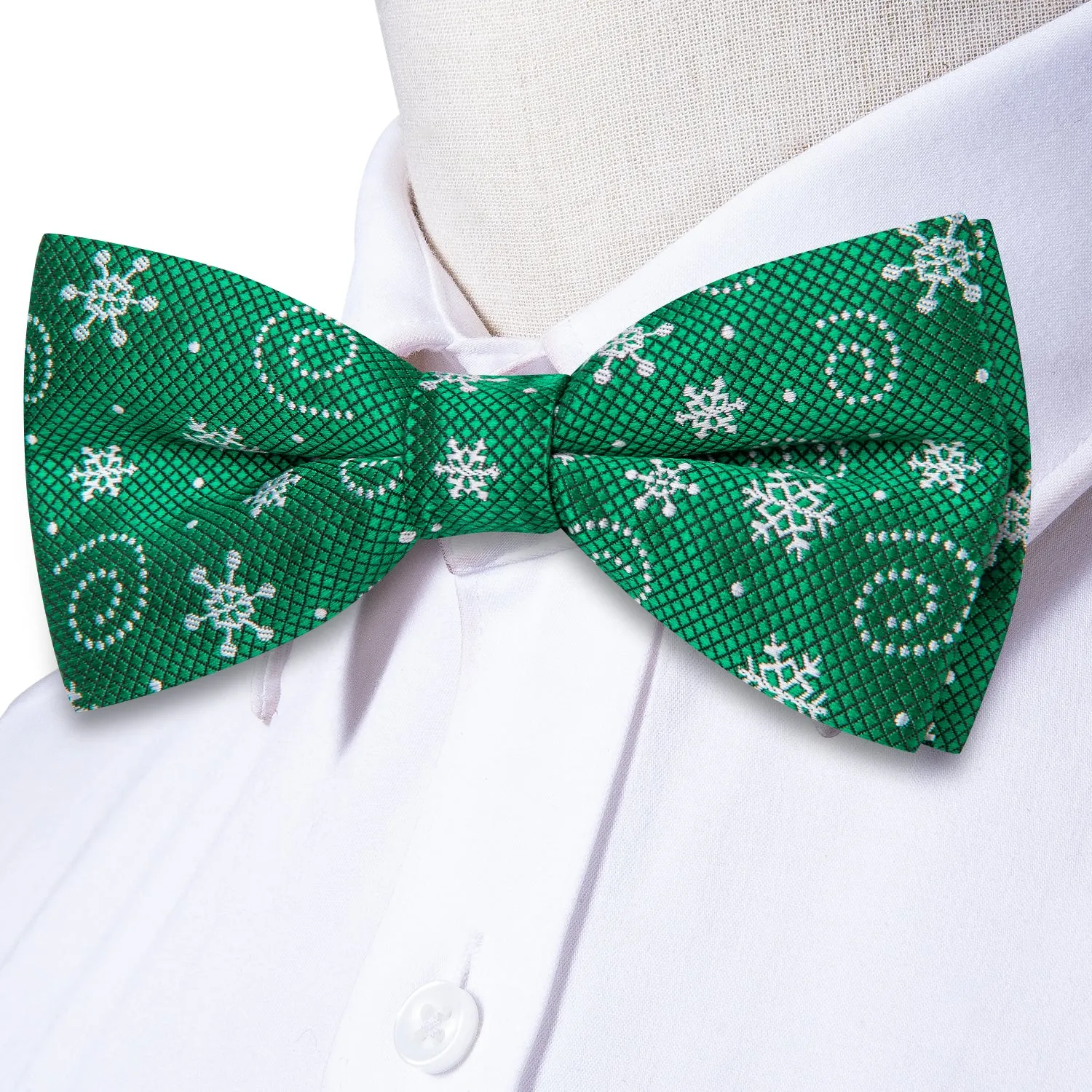 Christmas Green White Snowflake Pre-tied Bow Tie Hanky Cufflinks Set