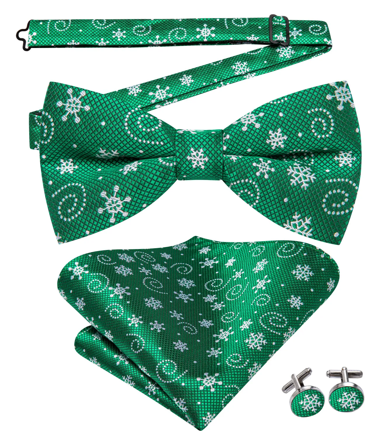 Christmas Green White Snowflake Pre-tied Bow Tie Hanky Cufflinks Set