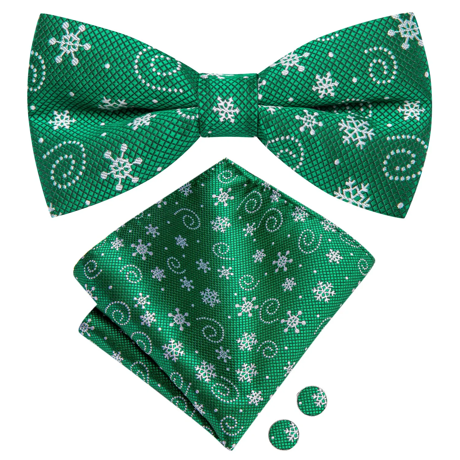 Christmas Green White Snowflake Pre-tied Bow Tie Hanky Cufflinks Set