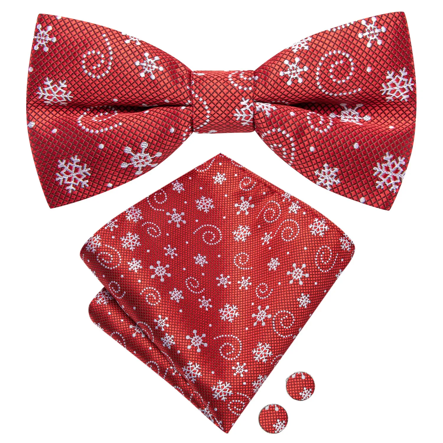 Christmas Red White Snowflake Pre-tied Bow Tie Hanky Cufflinks Set