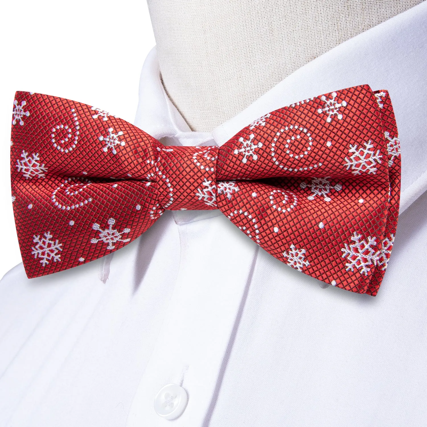 Christmas Red White Snowflake Pre-tied Bow Tie Hanky Cufflinks Set