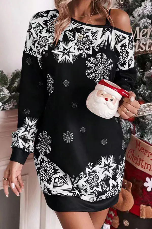 Christmas Snowflake Cold Shoulder Loose Sweatshirt Mini Dress