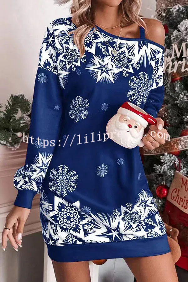 Christmas Snowflake Cold Shoulder Loose Sweatshirt Mini Dress