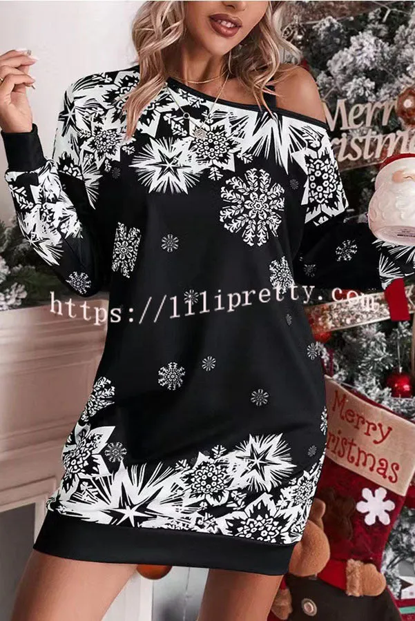 Christmas Snowflake Cold Shoulder Loose Sweatshirt Mini Dress