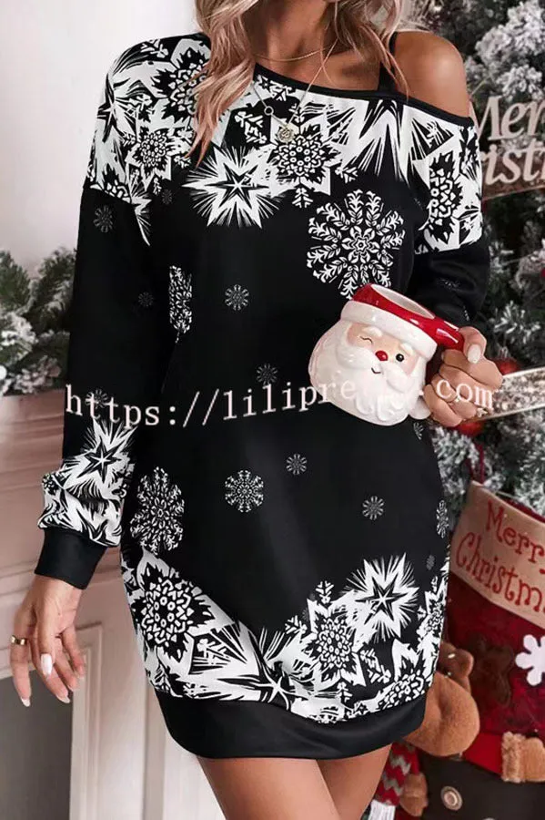 Christmas Snowflake Cold Shoulder Loose Sweatshirt Mini Dress