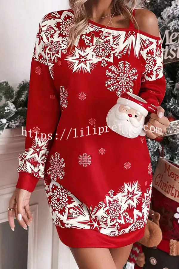 Christmas Snowflake Cold Shoulder Loose Sweatshirt Mini Dress