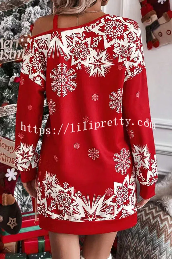 Christmas Snowflake Cold Shoulder Loose Sweatshirt Mini Dress