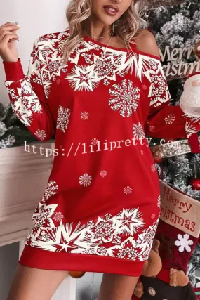 Christmas Snowflake Cold Shoulder Loose Sweatshirt Mini Dress