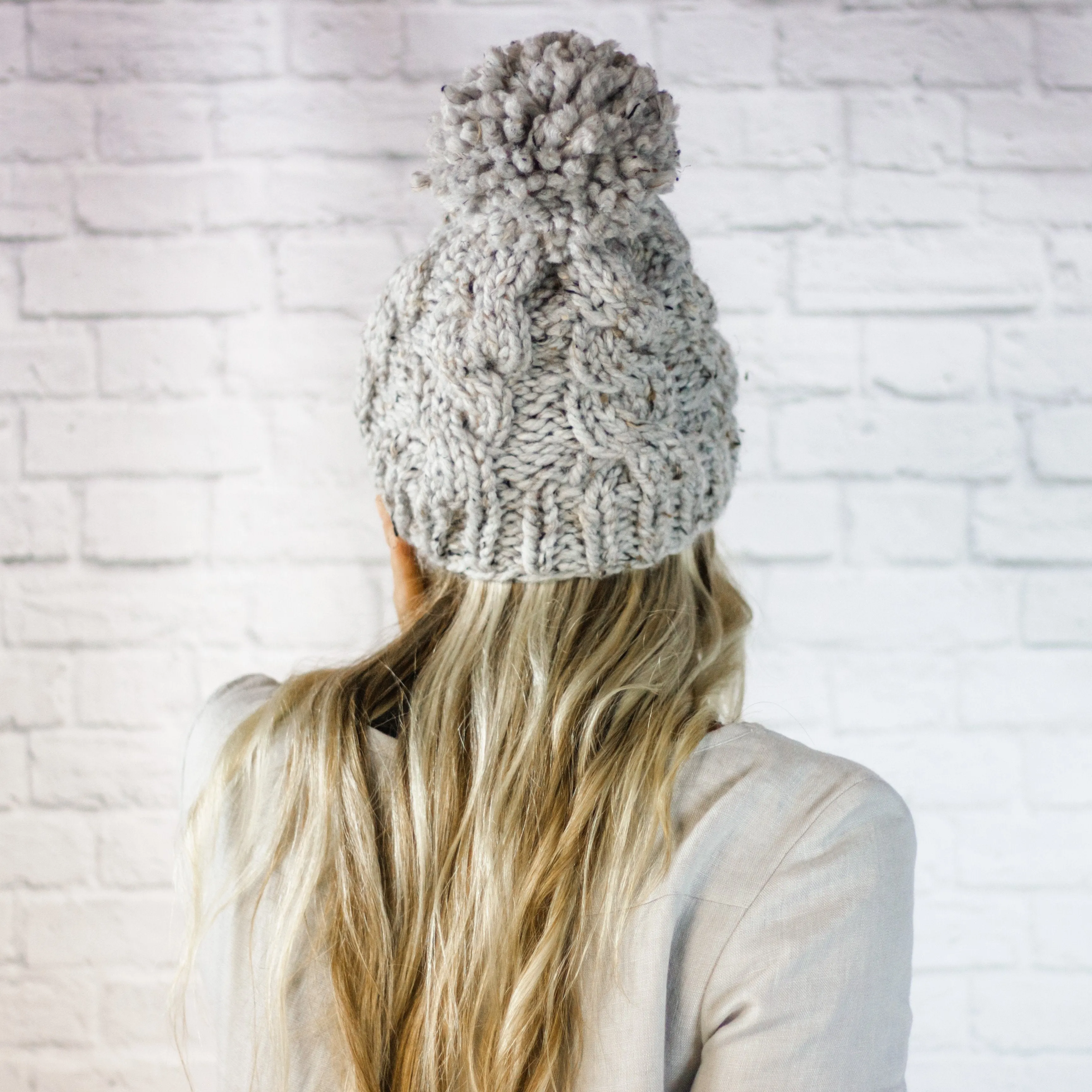 Chunky Cable Knit Pom Pom Winter Beanie Hat for Women in Grey Marble