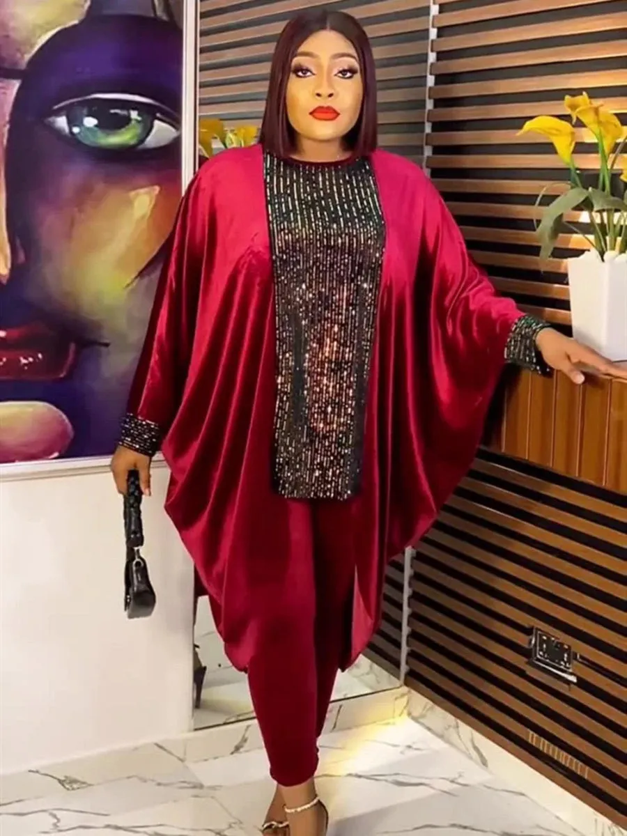 Classy Plus Size: 2-Piece Elegant African Ankara Dashiki Ensemble Velvet Top & Pants