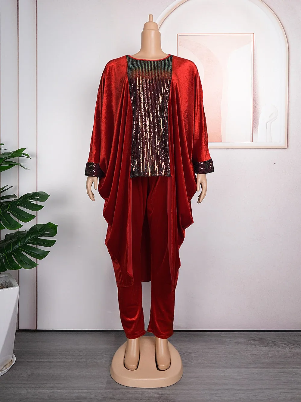 Classy Plus Size: 2-Piece Elegant African Ankara Dashiki Ensemble Velvet Top & Pants