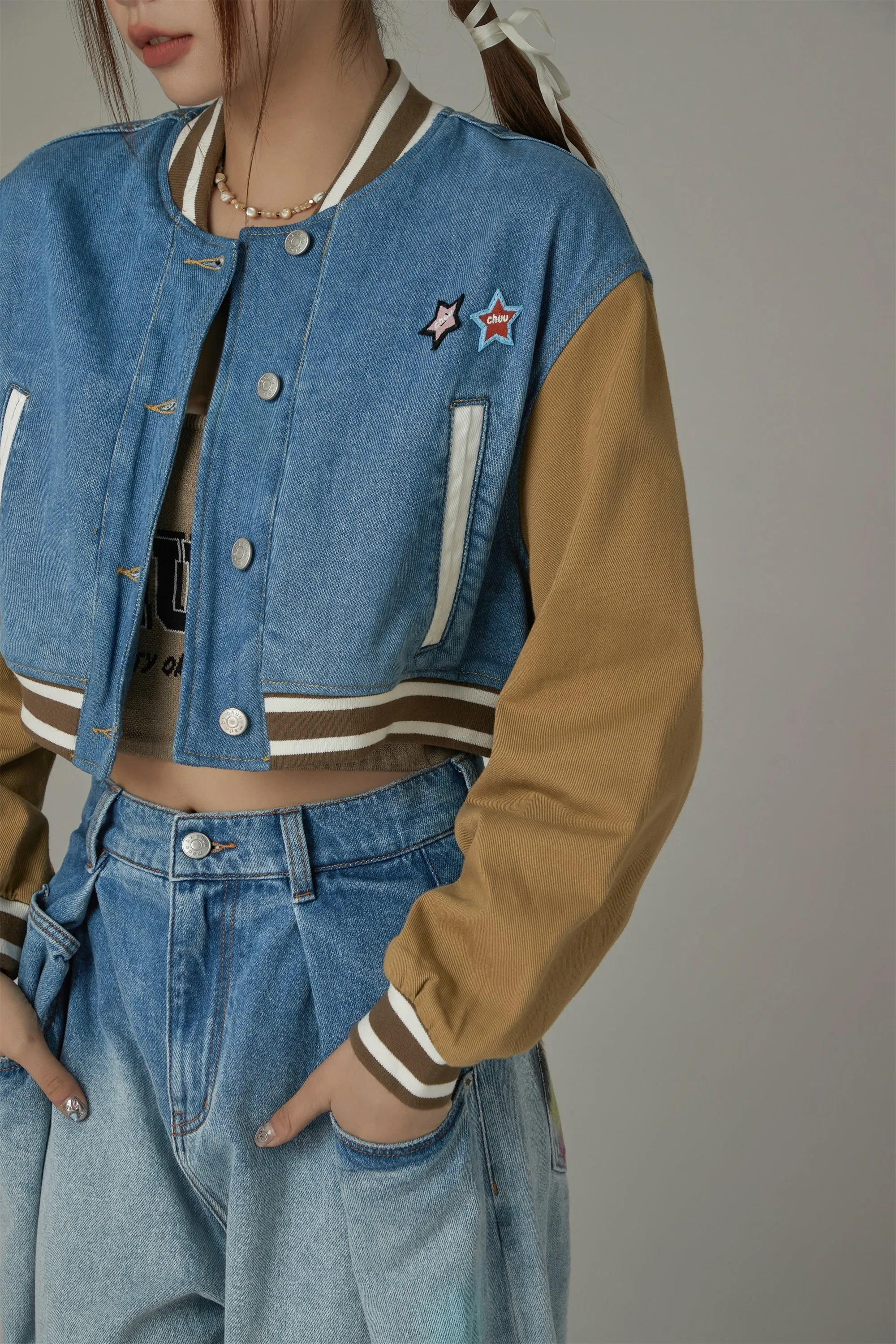 Color Matching Varsity Cropped Jacket