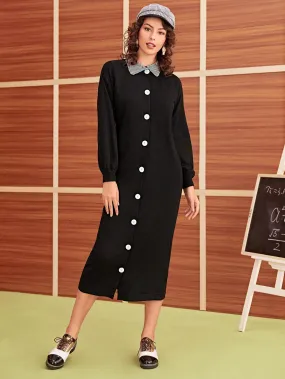 Contrast Collar Button Front Jumper Dress