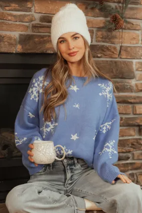 Cornflower Snowflake Pattern Knit Sweater