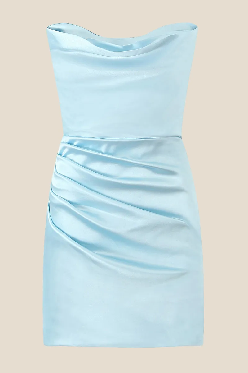 Cowl Neck Light Blue Ruched Bodycon Short Dress