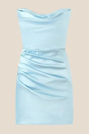 Cowl Neck Light Blue Ruched Bodycon Short Dress