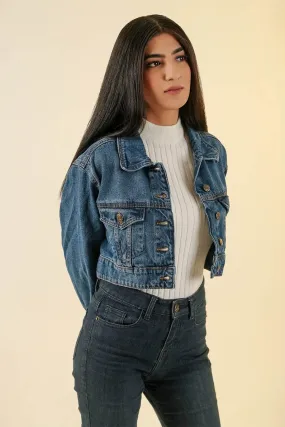 Cropped Denim Jacket For Women - Mid Blue