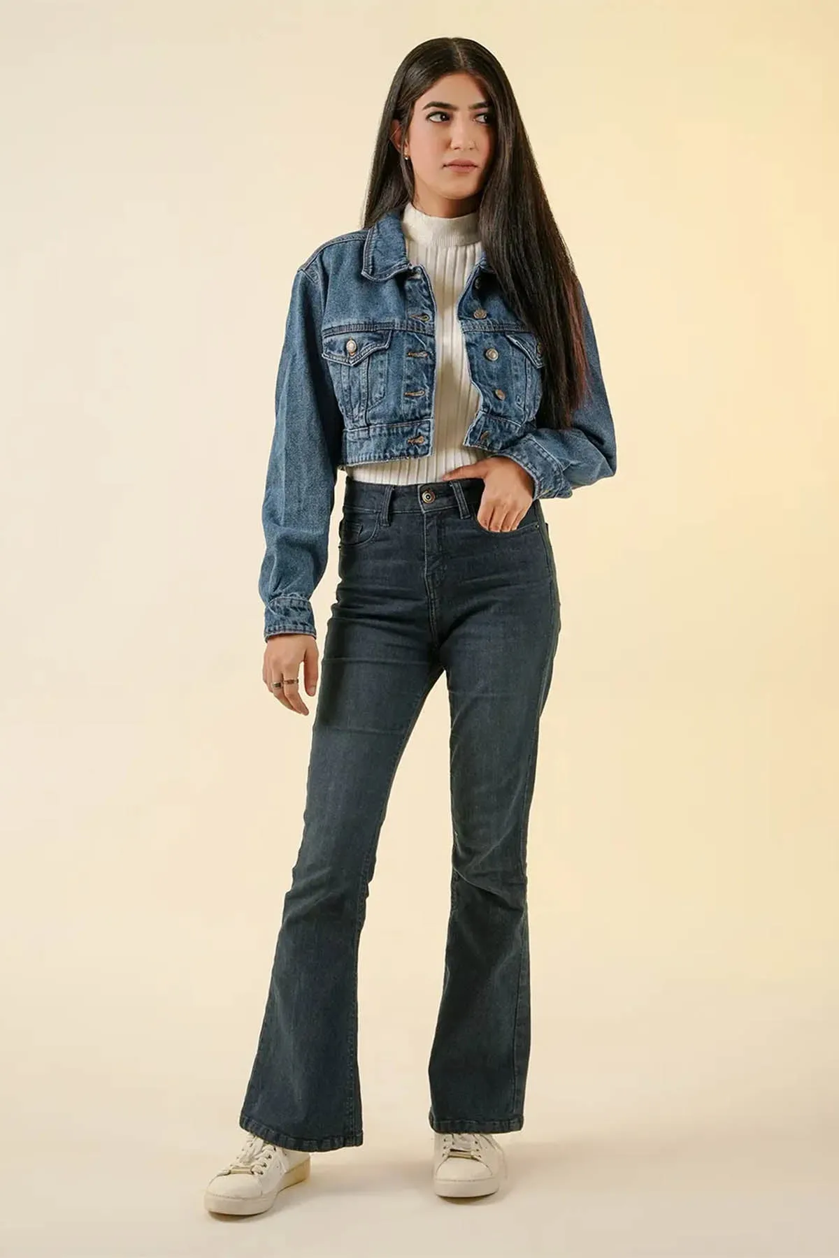 Cropped Denim Jacket For Women - Mid Blue