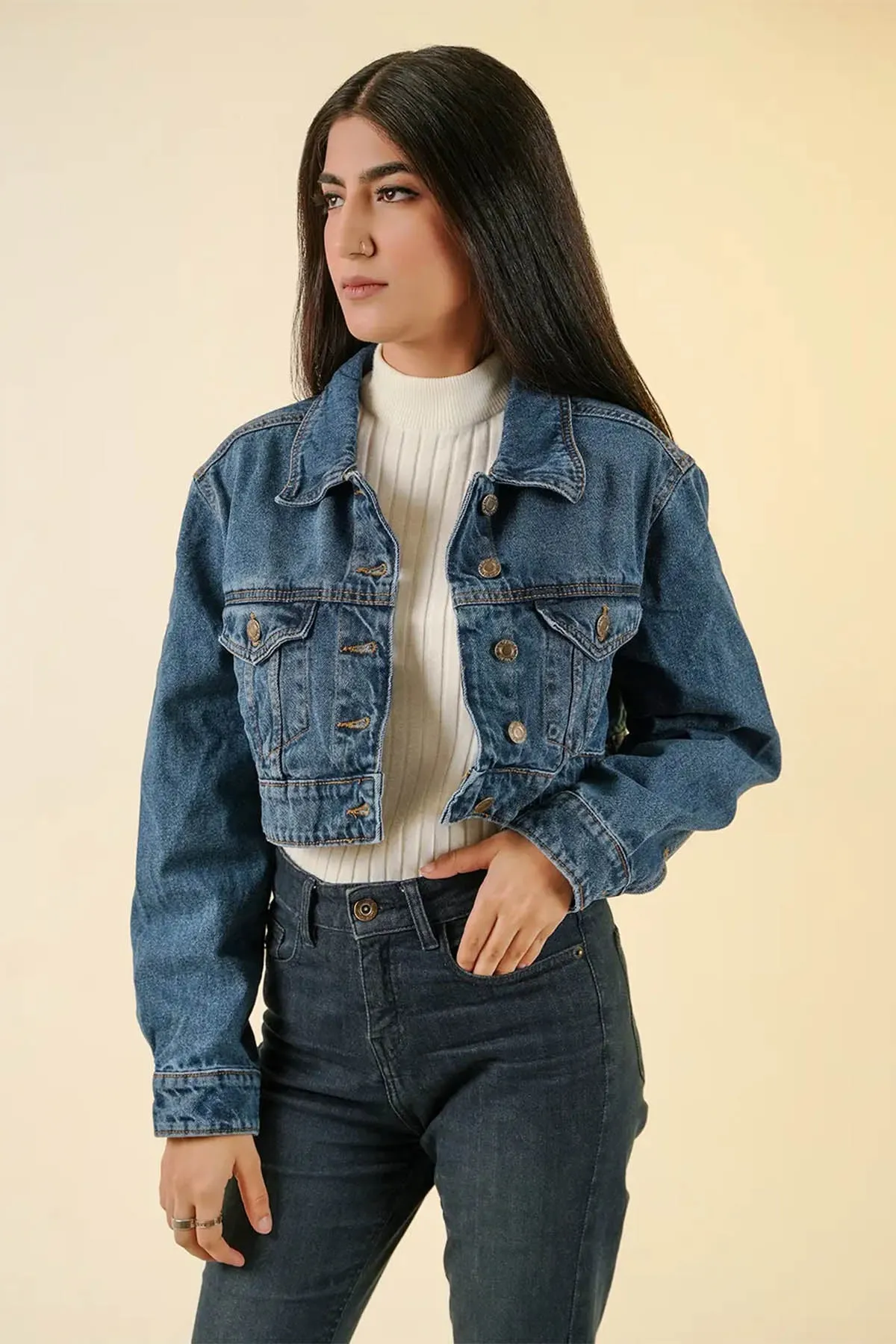 Cropped Denim Jacket For Women - Mid Blue