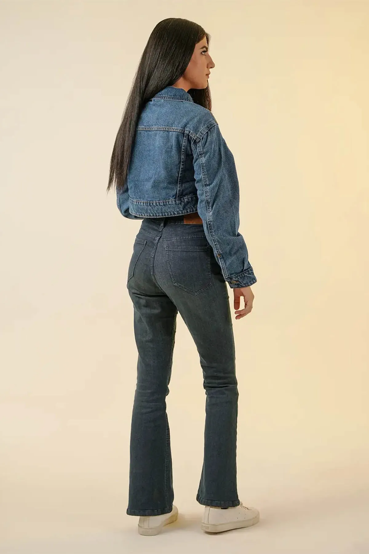 Cropped Denim Jacket For Women - Mid Blue