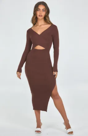 Cross Front Cut Out Detail Midi Knit Dress with Side Split