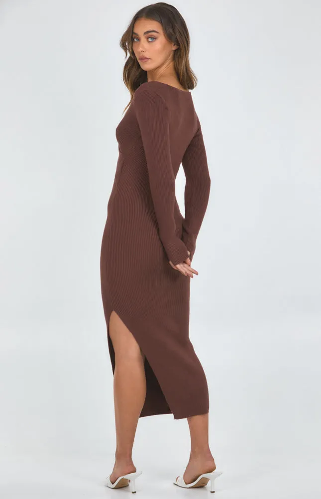 Cross Front Cut Out Detail Midi Knit Dress with Side Split