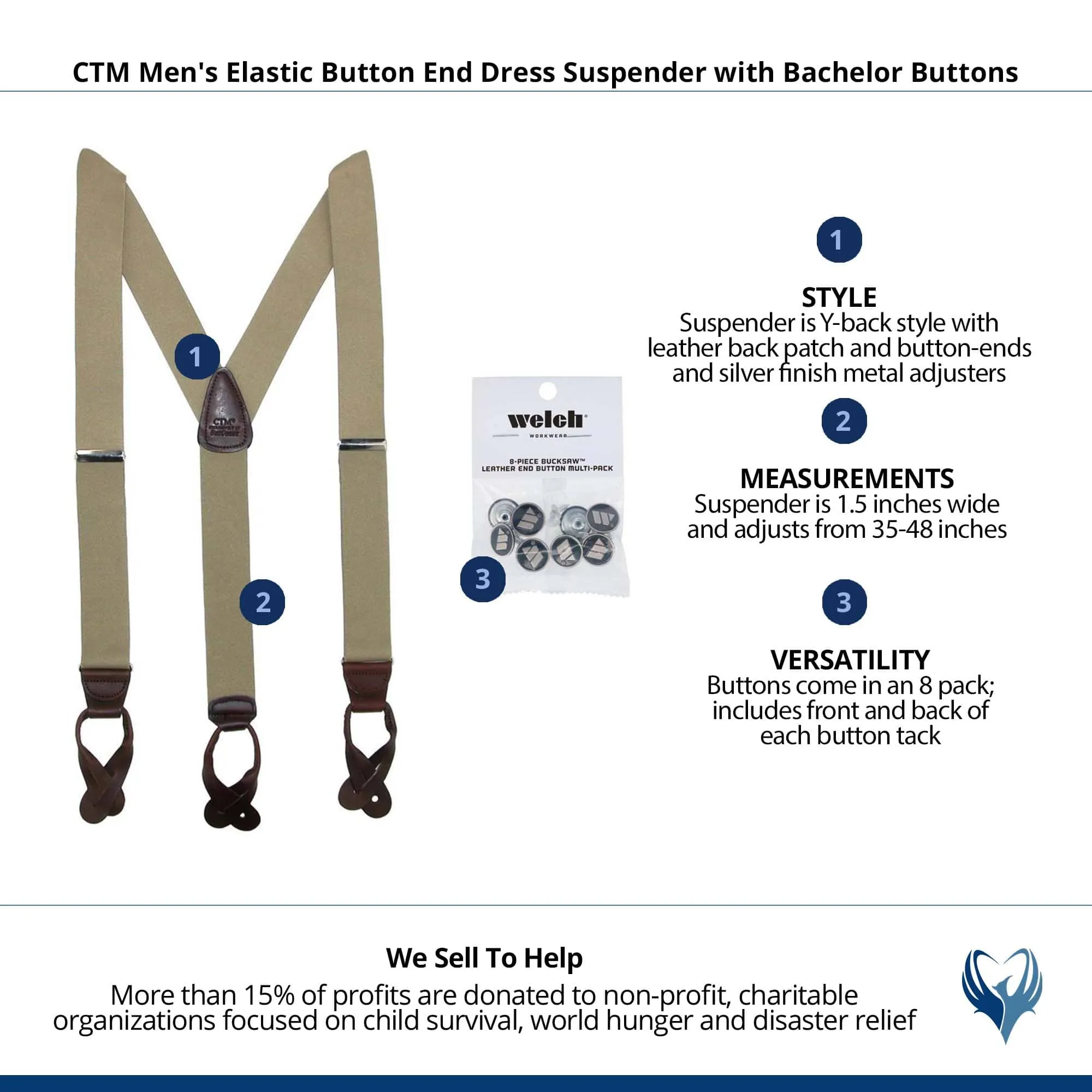 CTM® Men's Elastic Button End Dress Suspender with Bachelor Buttons