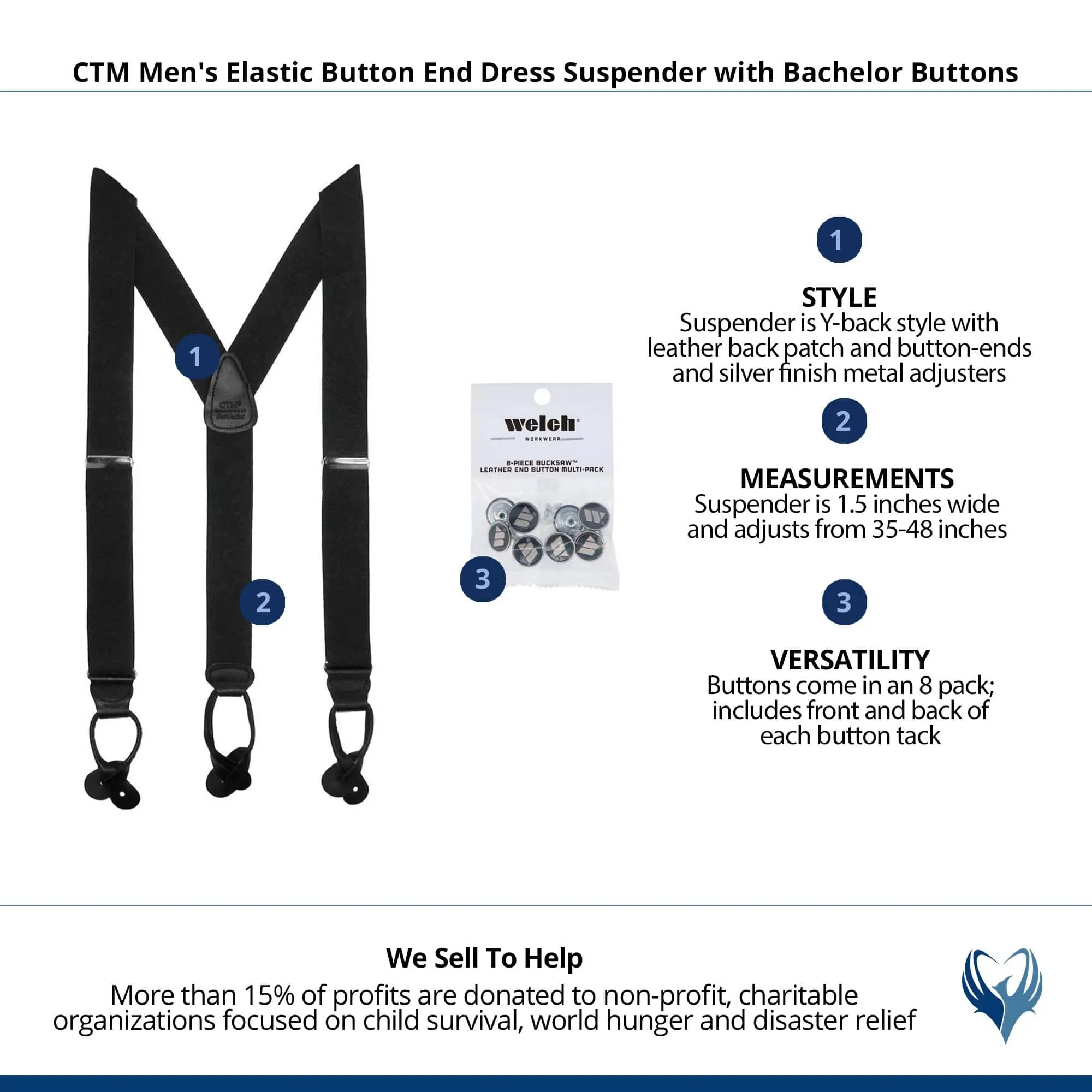 CTM® Men's Elastic Button End Dress Suspender with Bachelor Buttons