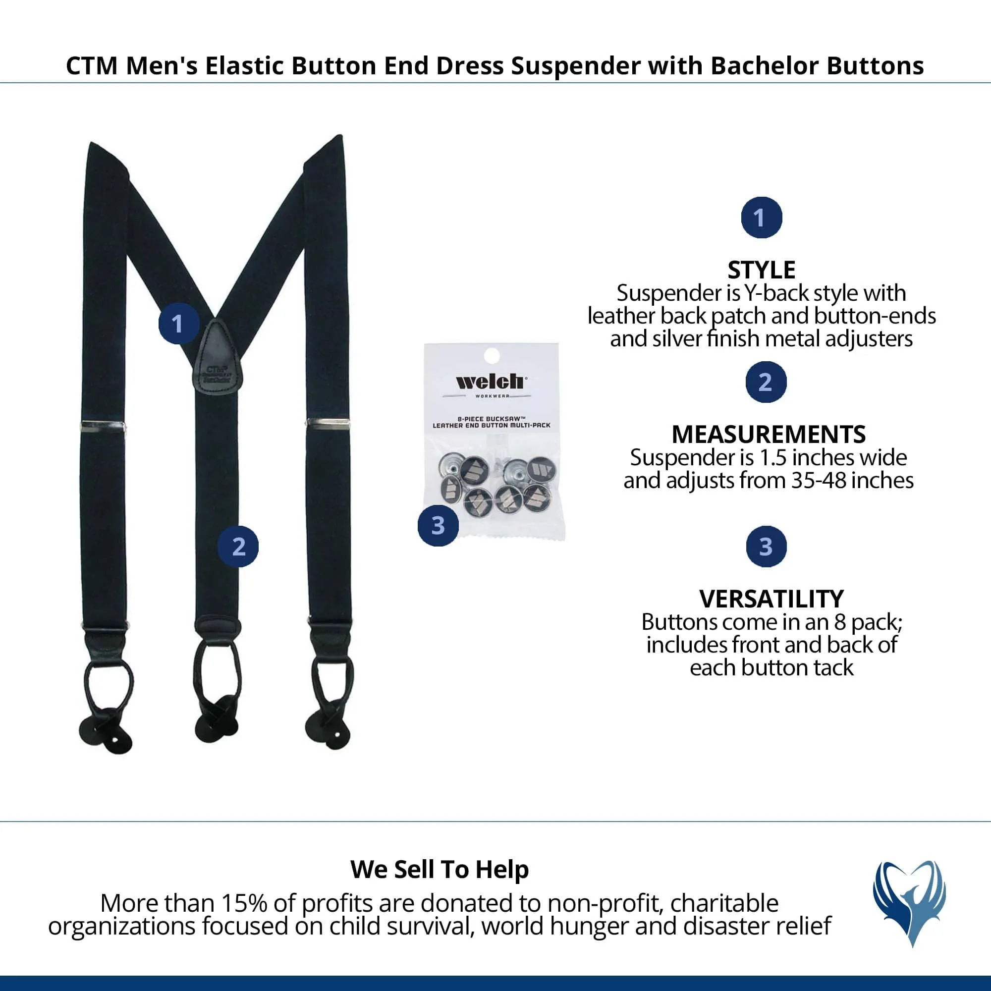 CTM® Men's Elastic Button End Dress Suspender with Bachelor Buttons