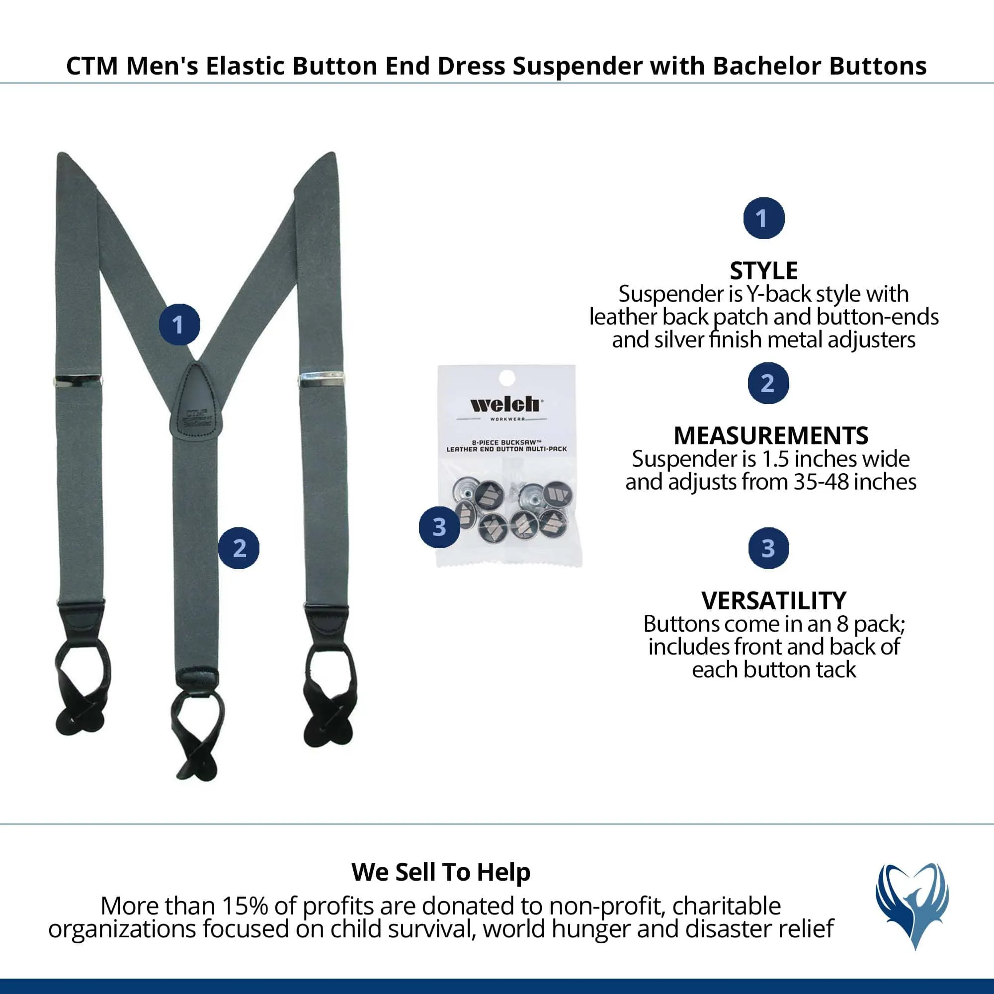 CTM® Men's Elastic Button End Dress Suspender with Bachelor Buttons