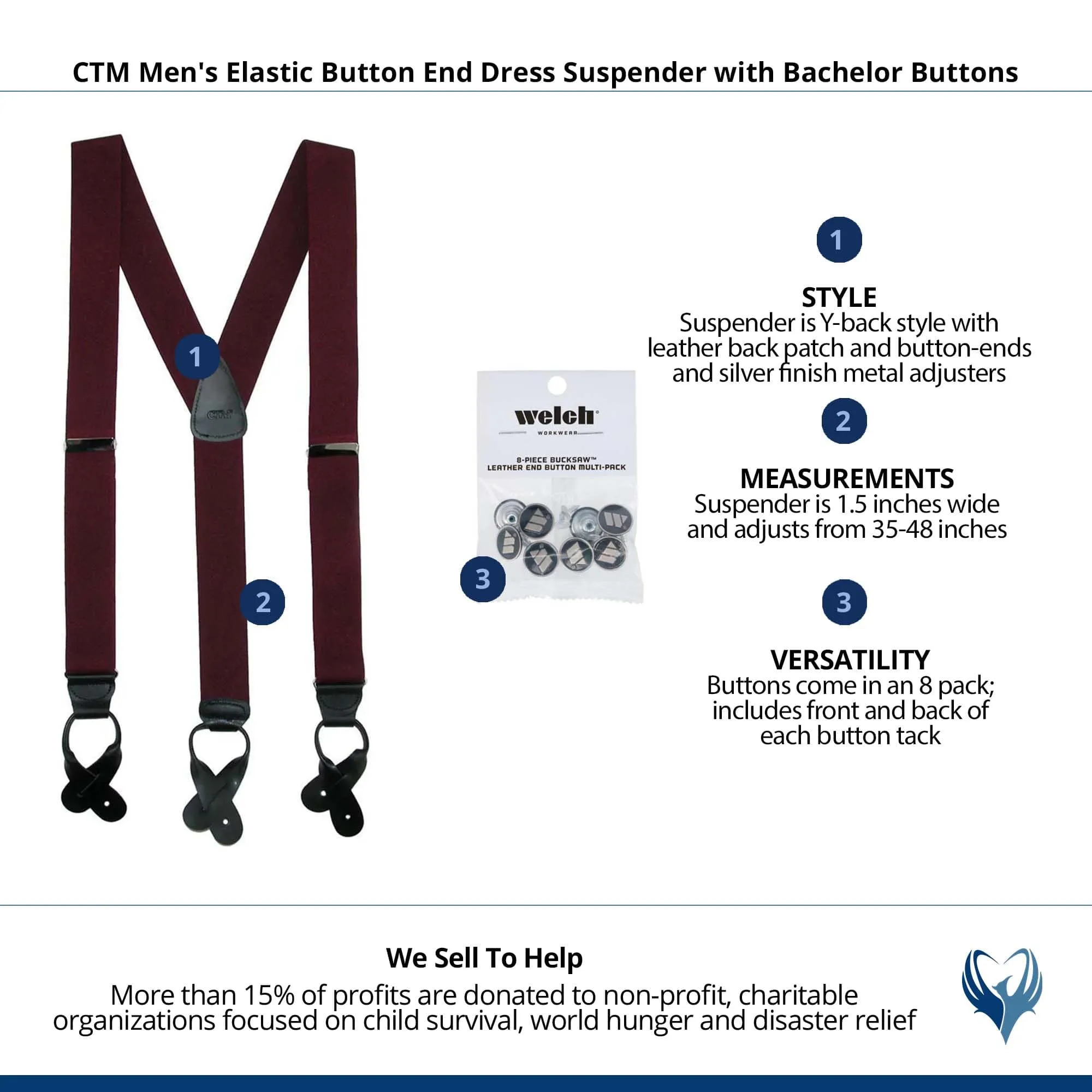 CTM® Men's Elastic Button End Dress Suspender with Bachelor Buttons